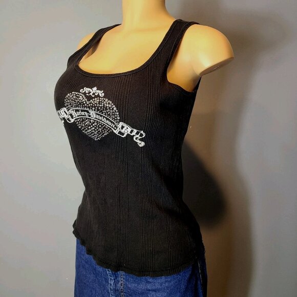 Harley Davidson Womens Black Beaded Heart Sleeveless Tank Top Sz Large Ribbed - Picture 4 of 9